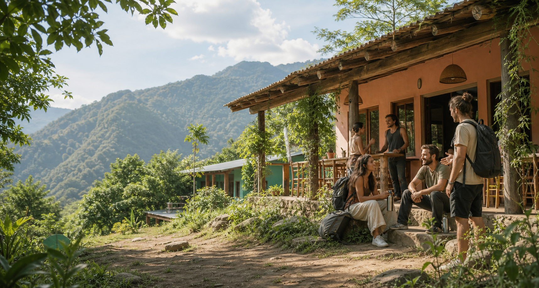 A warm hostel lodge surrounded by trees and mountains